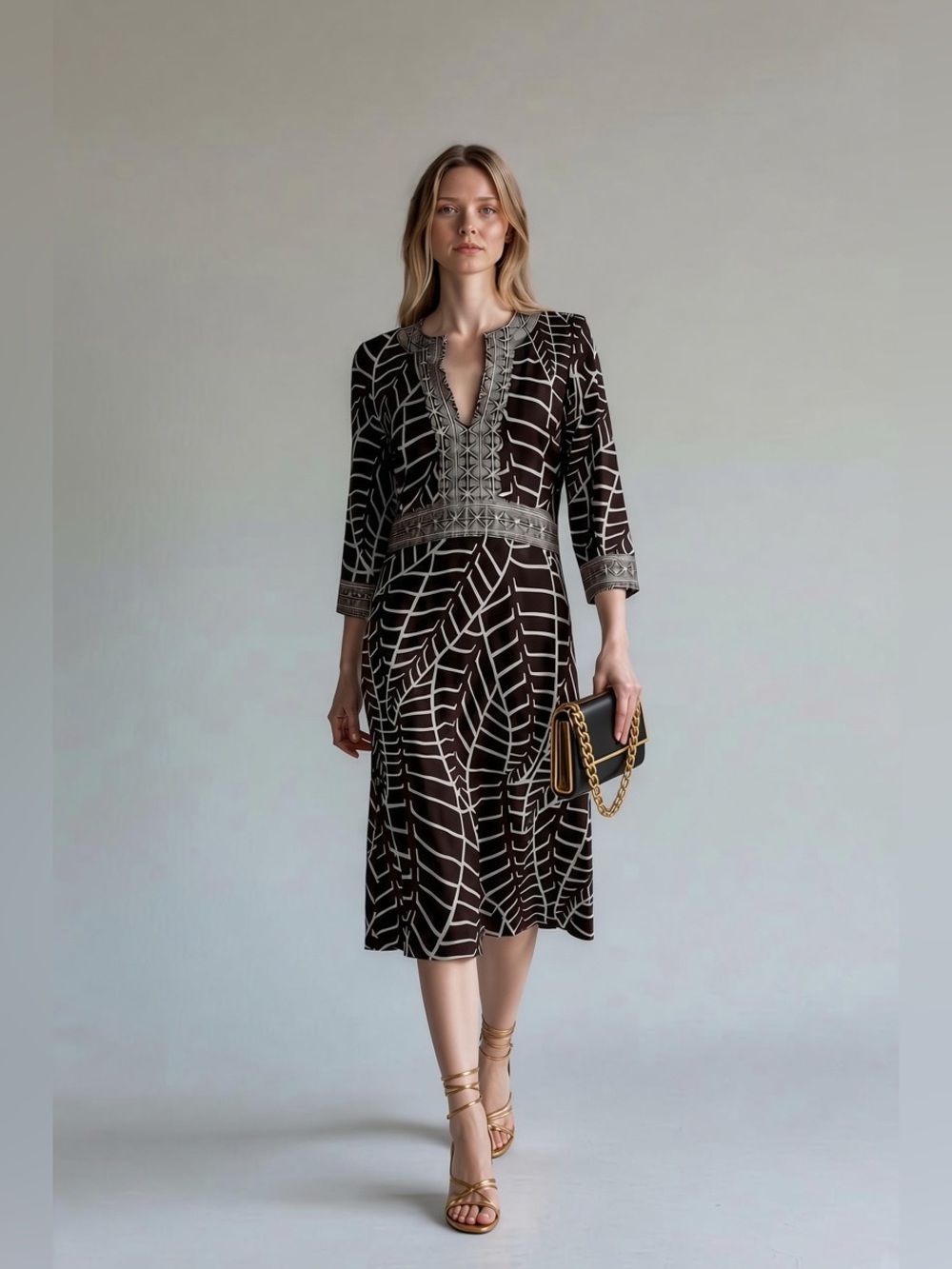 Tory Burch Brown and Cream Leaf‑Print V‑Neck Midi Dress